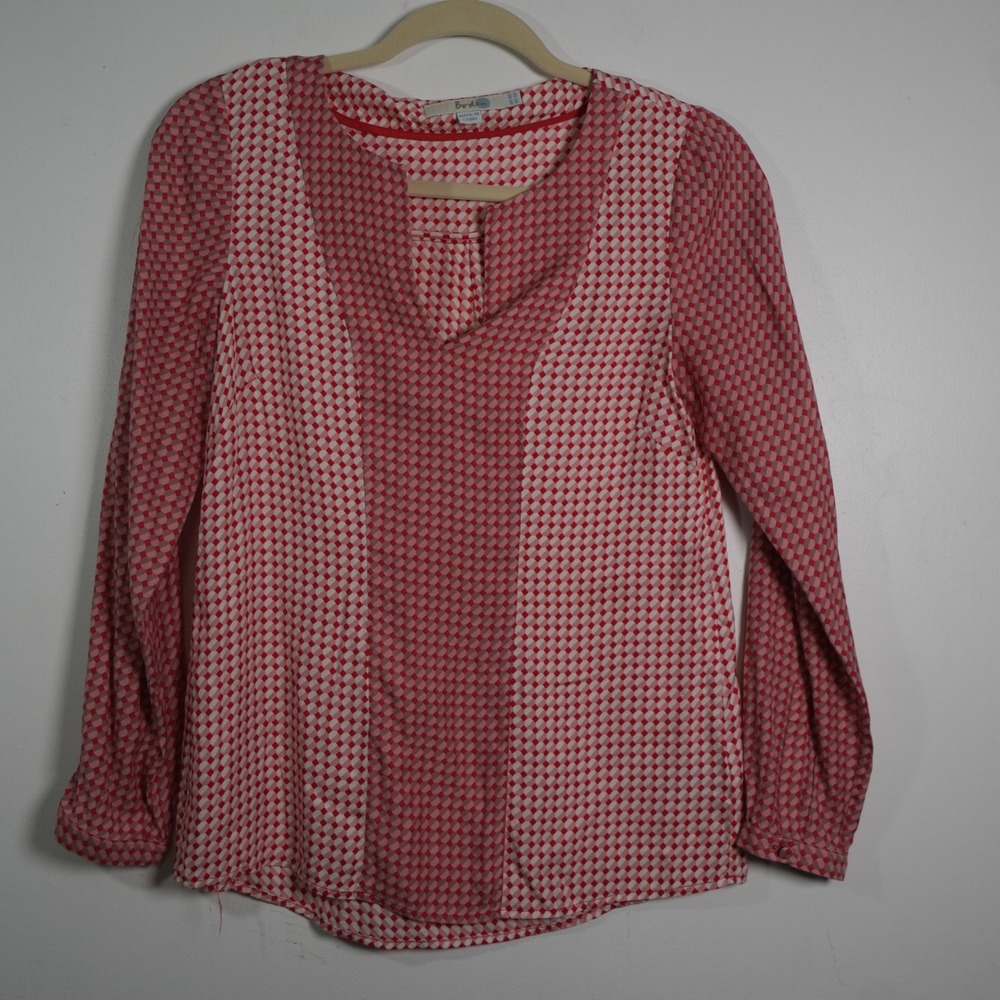 Boden Blouse Women 4 Red Pink Geometric Silk Blend Split Neck Long Sleeve WA632 - Picture 2 of 7